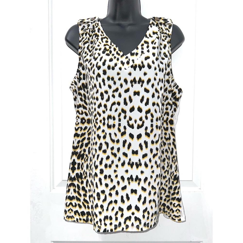 Worthington sleeveless white and leopard print V-neck blouse